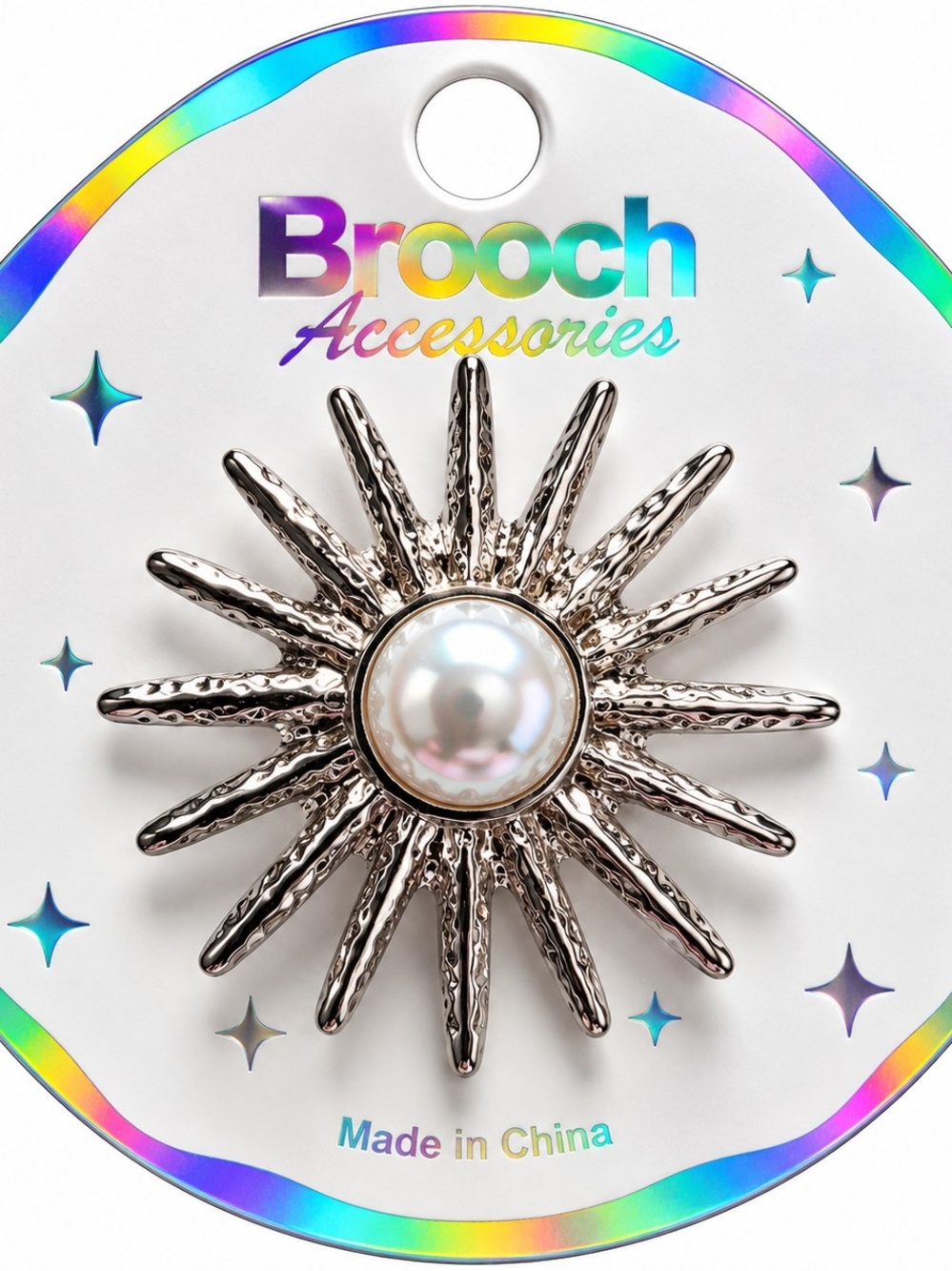 Sunburst Pearl Center Brooch - Silver